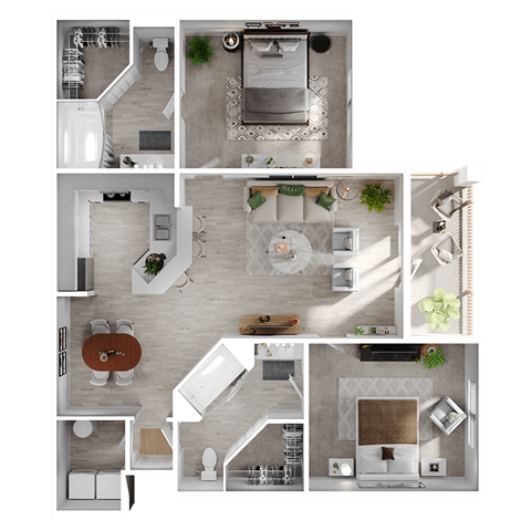 Floor plan for 2 beds, 2 baths, 1057 sqft